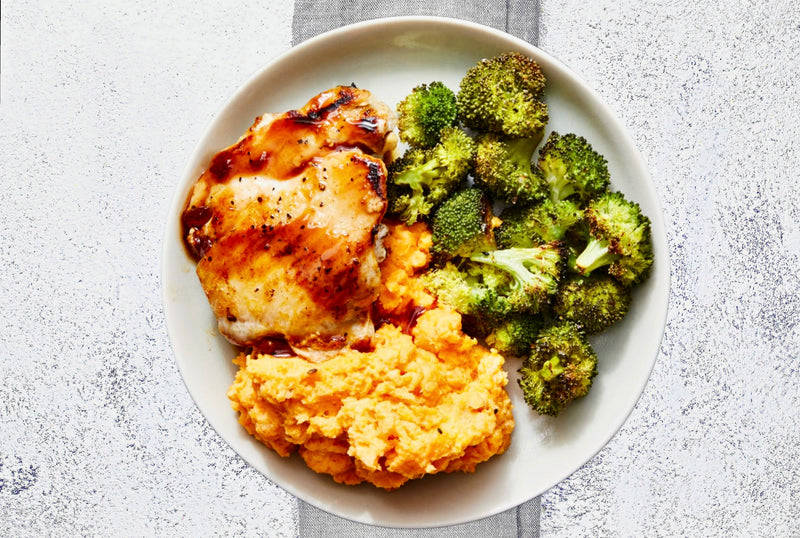 9 - Sirloin Steak Bites with Broccoli, Mashed Sweet Potatoes, and