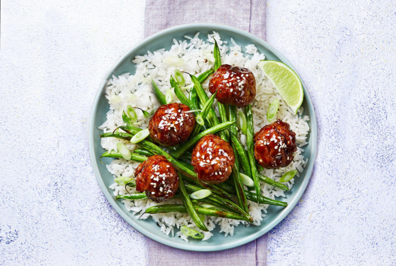 166 Barbecue Meatballs with Rice and Green Beans