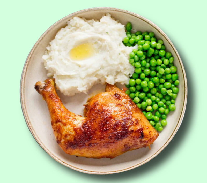 #15 Chicken Quarter with Mashed Potatoes & Green Peas