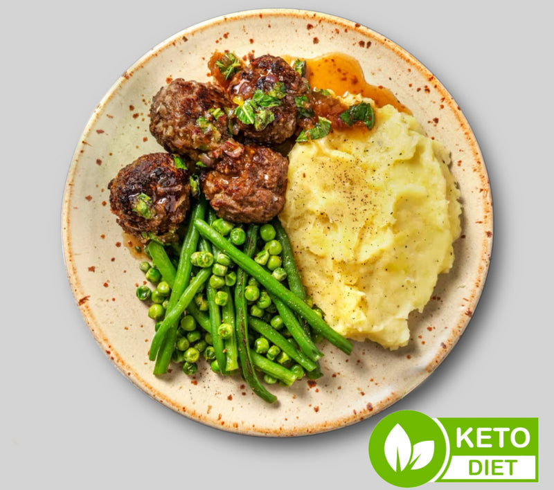 #10 BBQ Meatballs with Mashed Cauliflower , Green Beans and Green Peas - Keto