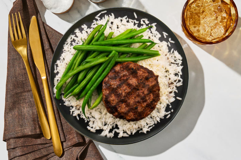 #92 Beef Patty with White Rice and Green Beans