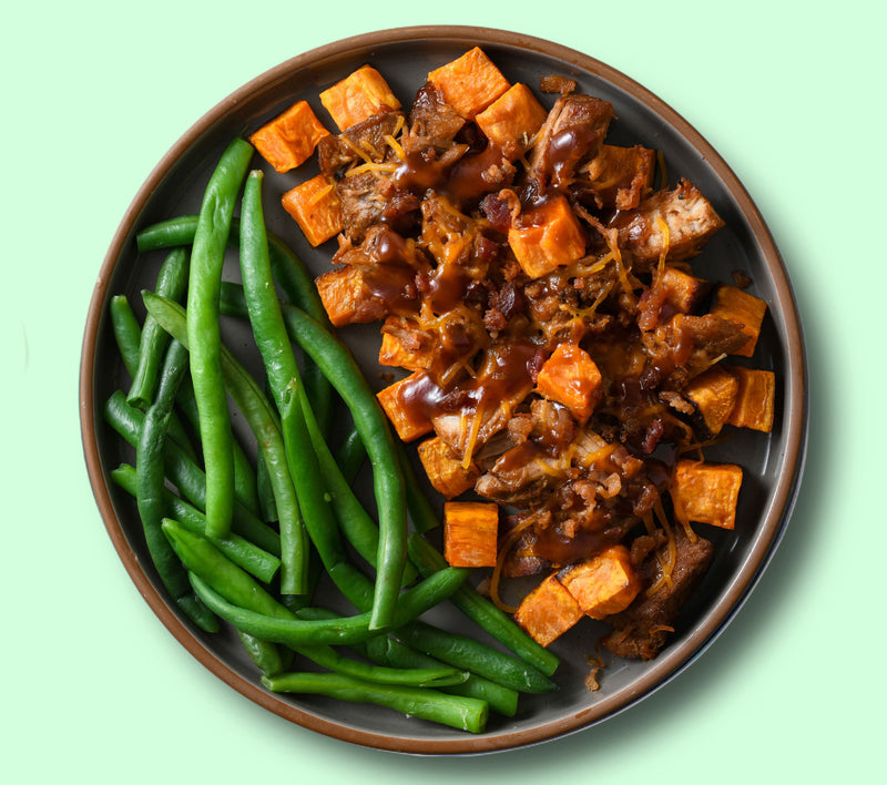 #80 BQQ Pork with Roast Sweet Potatoes & Green Beans