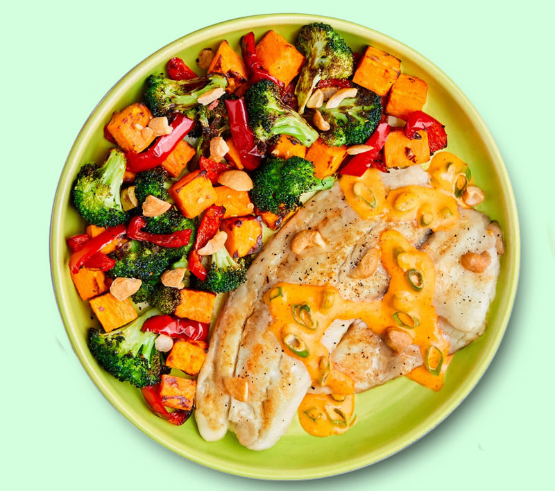 #47  Tilapia Fillet with Sweet Potatoes , Broccoli & Peppers
