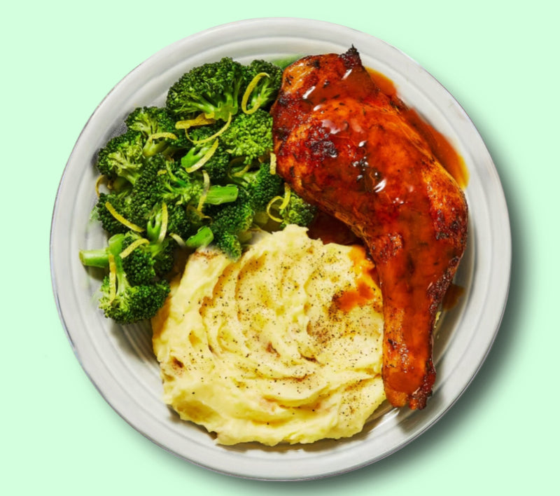 #28 Chicken Leg Quarters with Mashed Potatoes and Broccoli