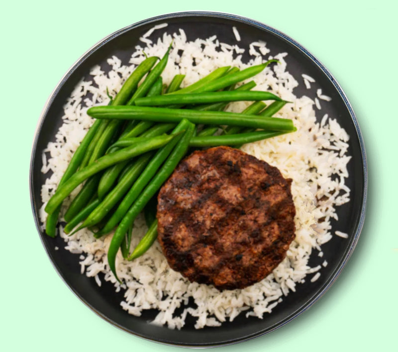 #92 Beef Patty with White Rice and Green Beans