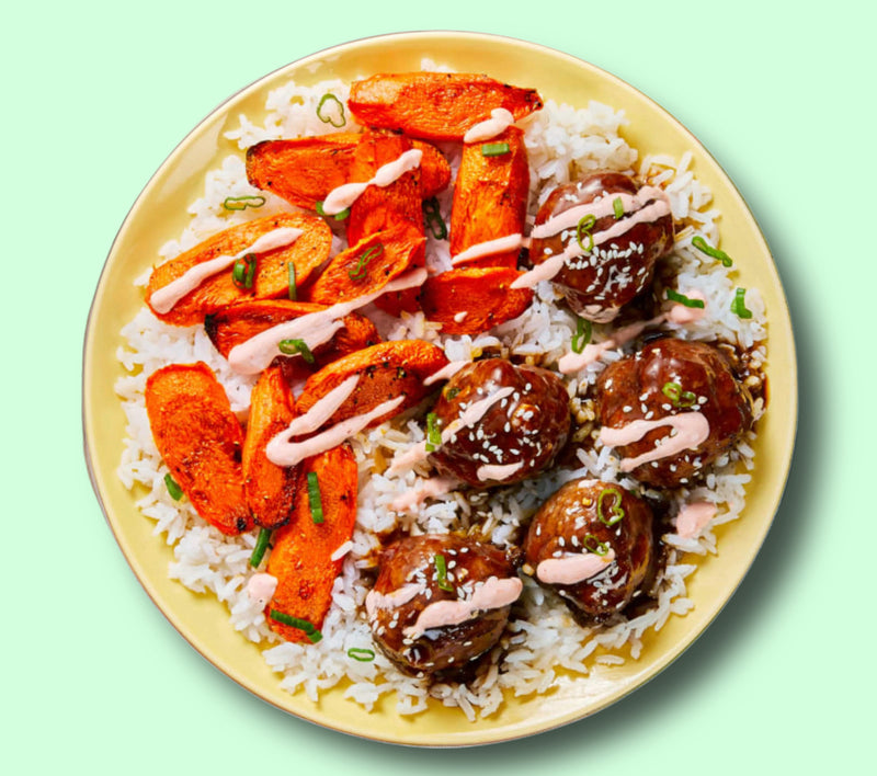 #85 BBQ Meatballs with White Rice and Carrots
