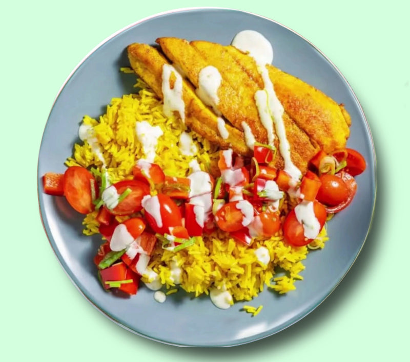#77 Swai Fillet with Yellow Rice and Tomatoes