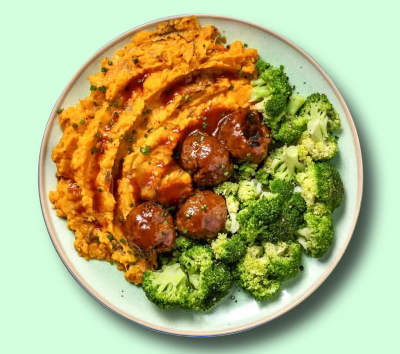 #04 BBQ Meatballs with Mashed Sweet Potatoes and Broccoli