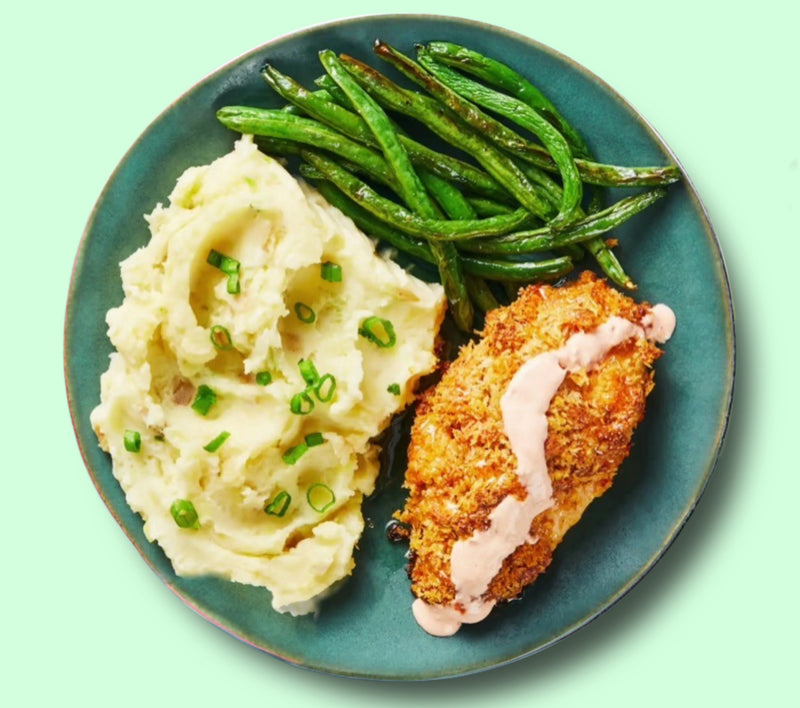 #24 Breaded Chicken Breast with Mashed Potatoes and Green Beans