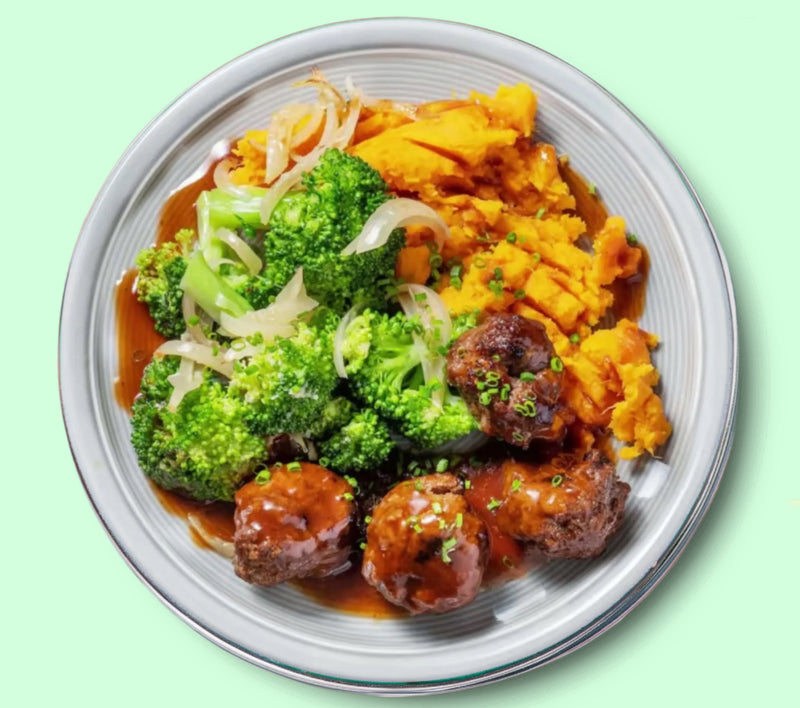 #22 BBQ Meatballs with Mashed Sweet Potatoes and Broccoli