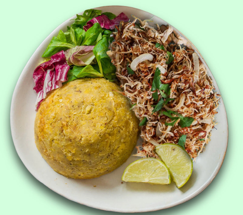 #80 Chicken Vaca Frita with Mashed Plantain & Salad